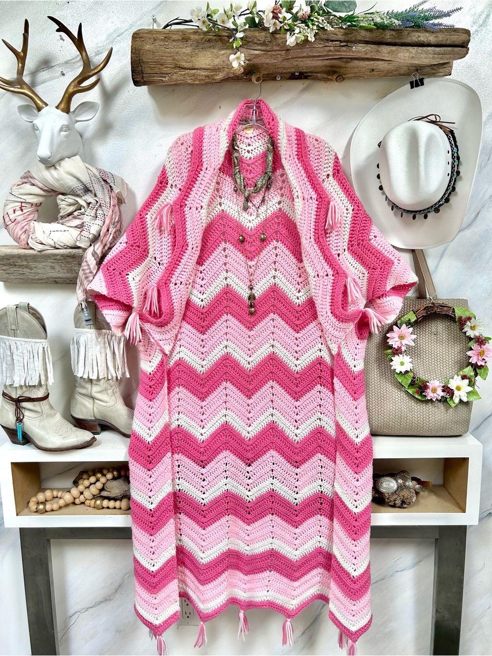 Artisan duster Vintage Pink Chevron Knit duster cocoon w cottagecore granny vibe